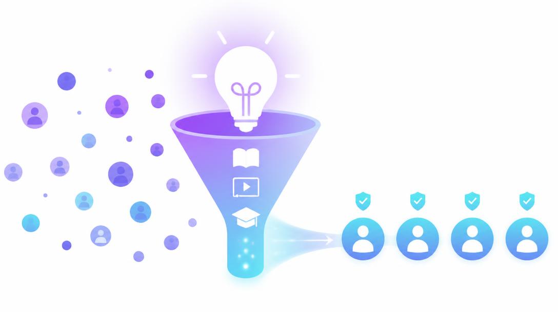 Funnel of educational content turning an unfamiliar audience into informed, trusting buyers