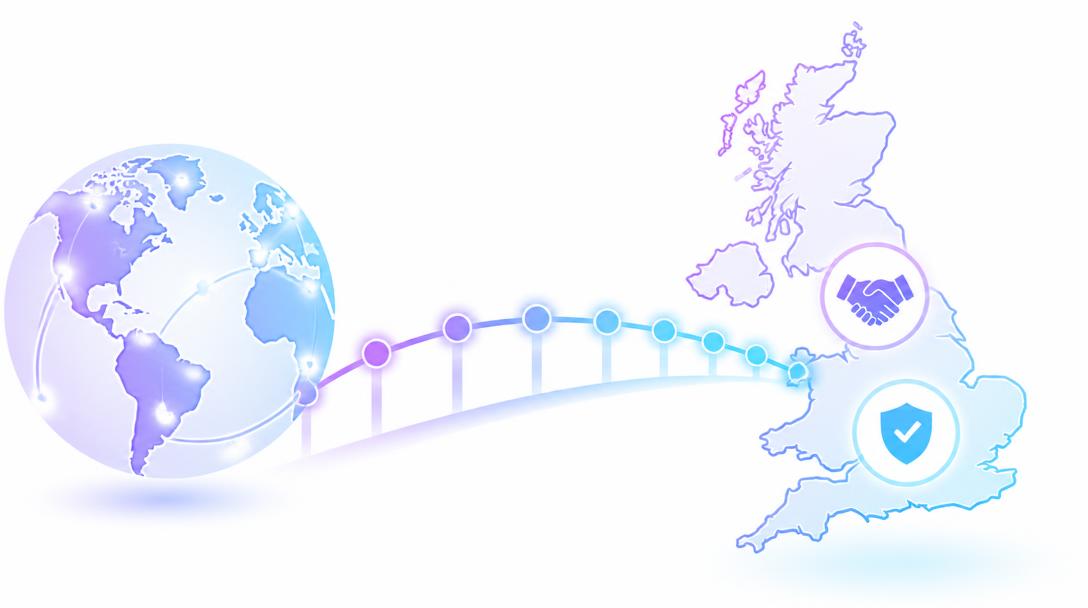 Bridge of connected points running from a globe to the UK, with handshake and trust icons