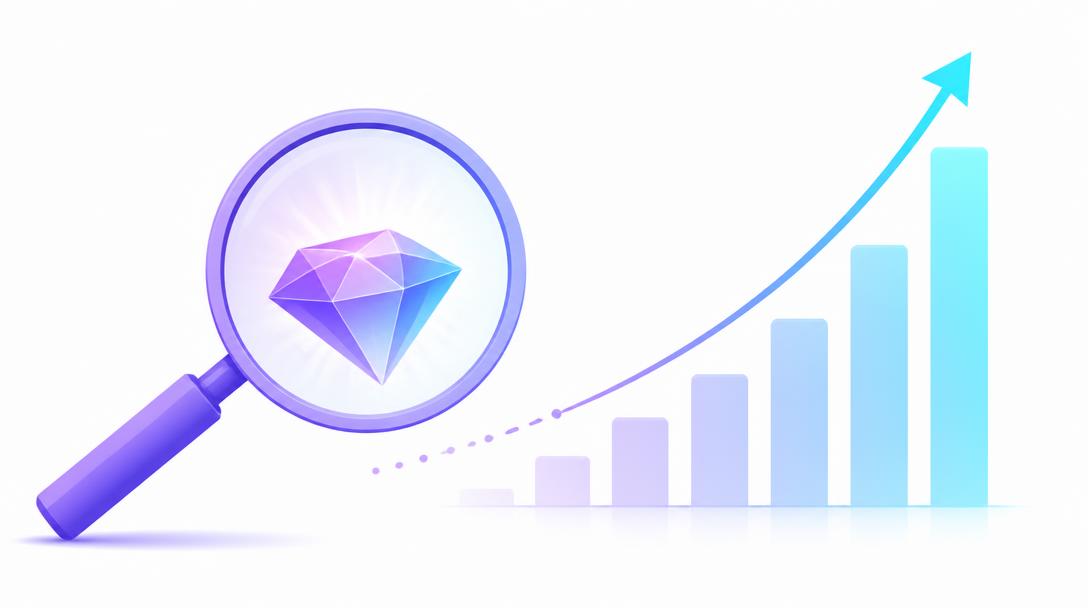 Magnifying glass revealing a gem next to a rising growth chart
